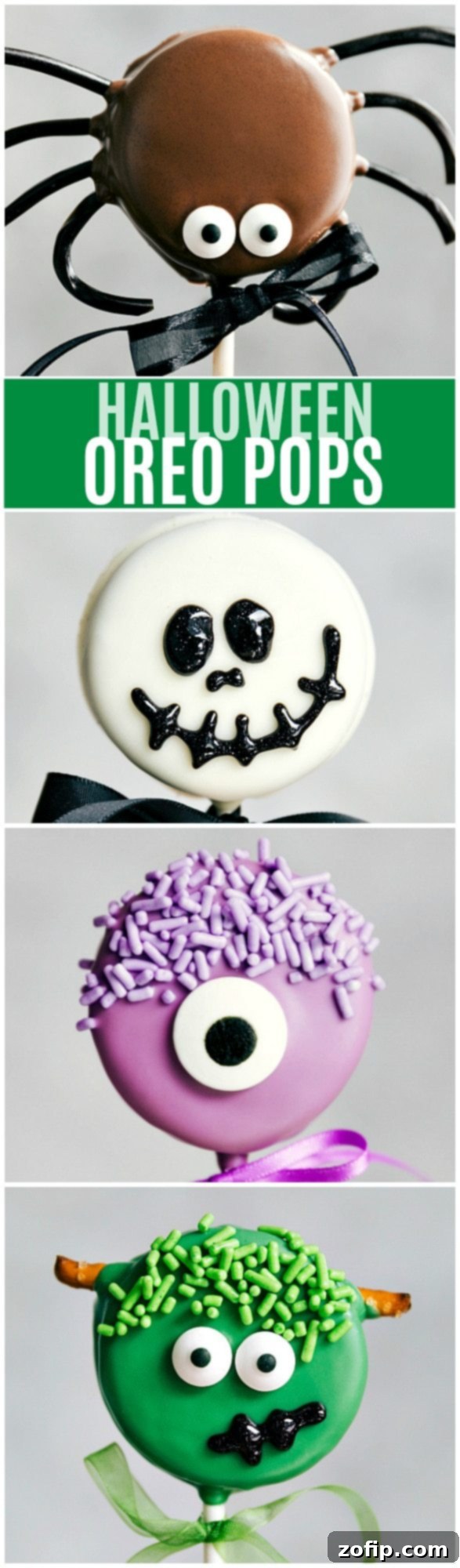 The Cutest (and super simple) Oreo Pops decorated for Halloween -- Spider Oreo Pops, Skeleton Oreo Pops, Frankenstein Oreo Pops, and Monster Oreo Pops Read the rave reviews!! via chelseasmessyapron.com