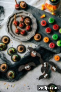 Easy, cute, festive, and fun-to-make Halloween treats -- each with three ingredients or less. Monster eyeballs, witches hats, witches brooms, and bat bites, perfect for kids!
