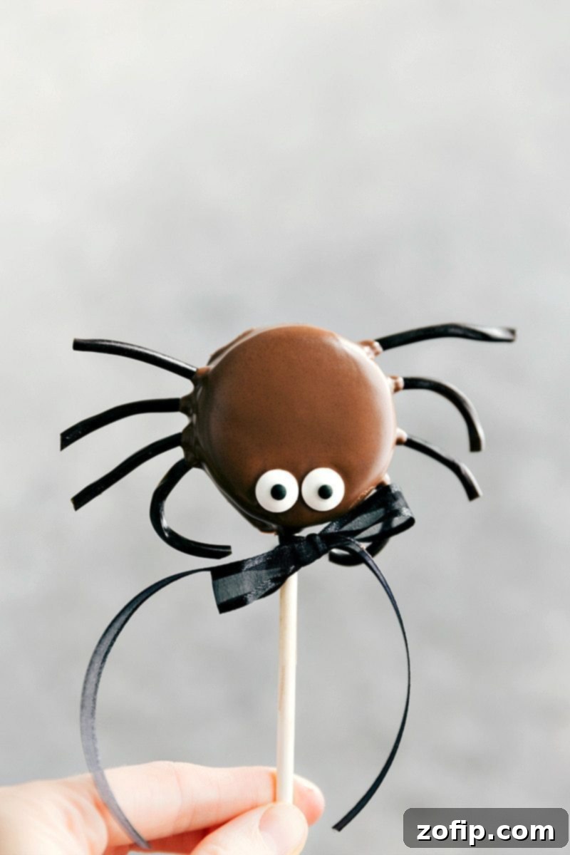 SPIDER OREO POP! Simple Halloween Oreo Pops decorated for Halloween -- Spider Oreo Pops, Skeleton Oreo Pops, Frankenstein Oreo Pops, and Monster Oreo Pops for a spooky dessert table via chelseasmessyapron.com