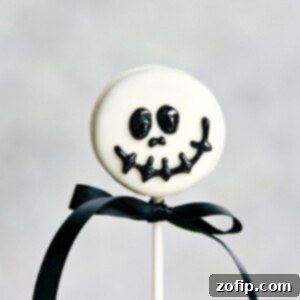 Delicious Skeleton Oreo Pop with white chocolate coating and black gel face.