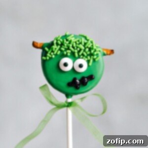 Delicious Frankenstein Oreo Pop, a green Halloween treat with candy eyes.