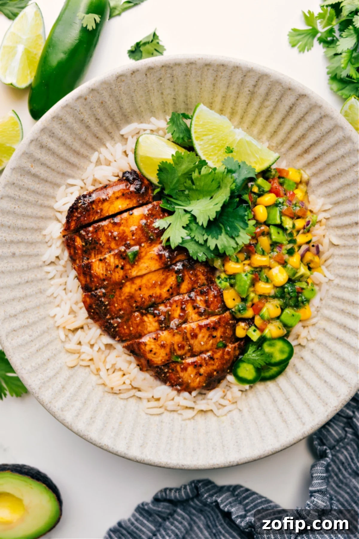 Grilled taco chicken served on a bed of rice, generously topped with fresh avocado corn salsa, showcasing a perfect summer meal.