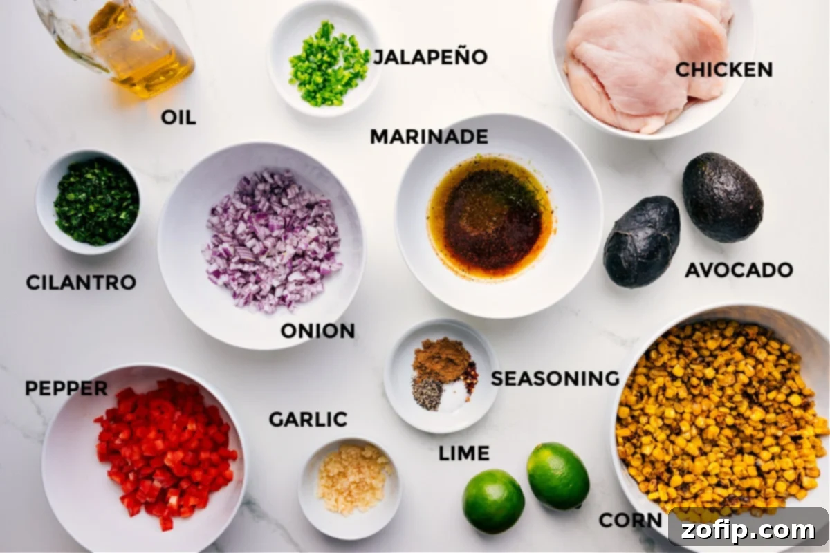 A vibrant display of fresh ingredients for the summer chicken recipe, including chicken, jalapeño, marinade spices, red onion, corn, limes, garlic, bell pepper, cilantro, and olive oil, all prepped and ready for use.