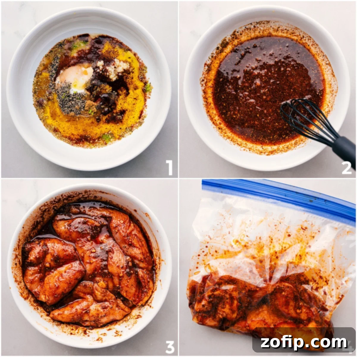 Chicken breasts marinating in a flavorful taco seasoning mixture in a glass bowl, ready for grilling, for the ultimate summer chicken recipe.