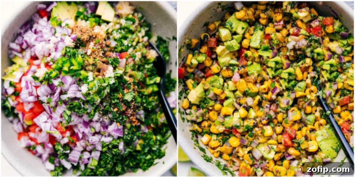 A large glass bowl filled with colorful, freshly mixed avocado corn salsa, featuring diced red onion, bell pepper, cilantro, and lime, ready to top the grilled chicken.