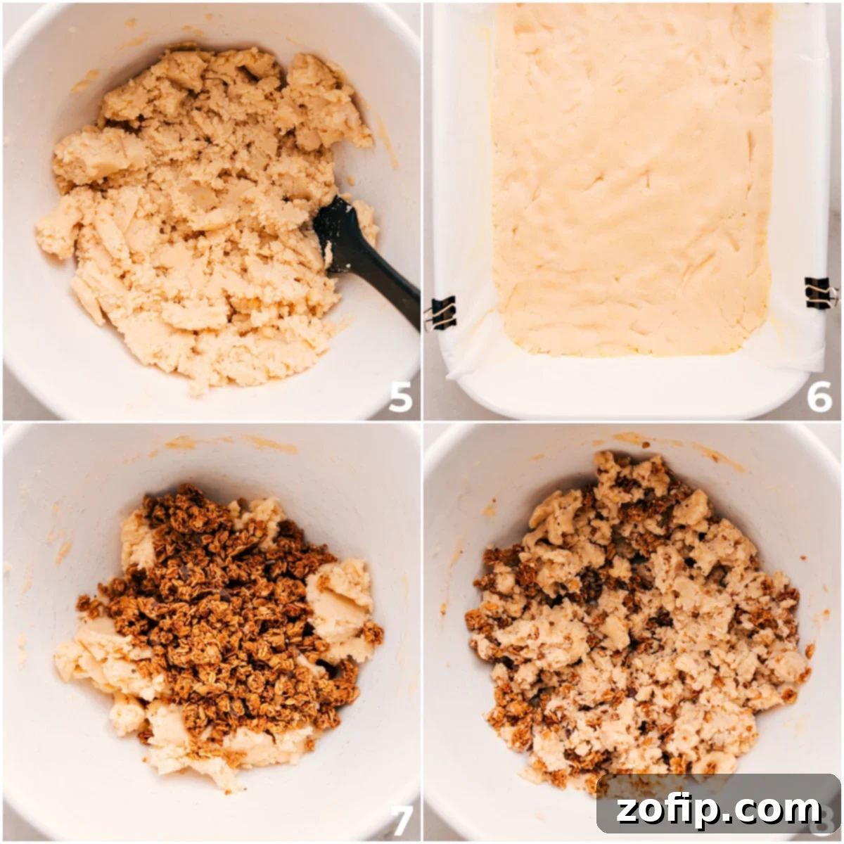 Spreading just over half the shortbread dough into a 9x13 pan, while preparing the remaining dough with granola for the topping.