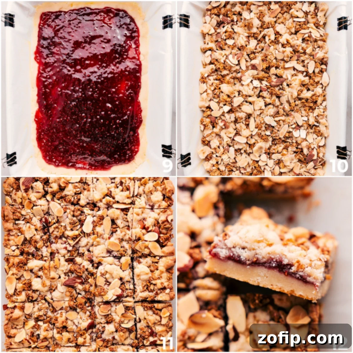 Layering vibrant raspberry jam onto the half-baked shortbread base, adding the granola-almond dough on top, and baking until golden brown.