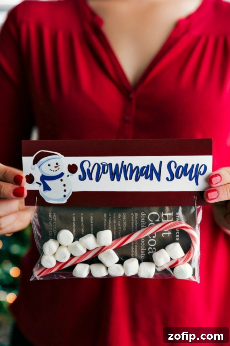 Snowman Soup: A cozy Christmas gift featuring hot chocolate mix, a candy cane, and mini marshmallows, perfect for cold winter nights.