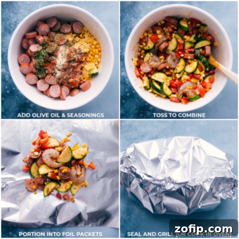 Process shots showing ingredients being mixed in a bowl, seasoned, and portioned into individual heavy-duty foil pouches, then sealed for cooking on the grill, oven, or campfire.