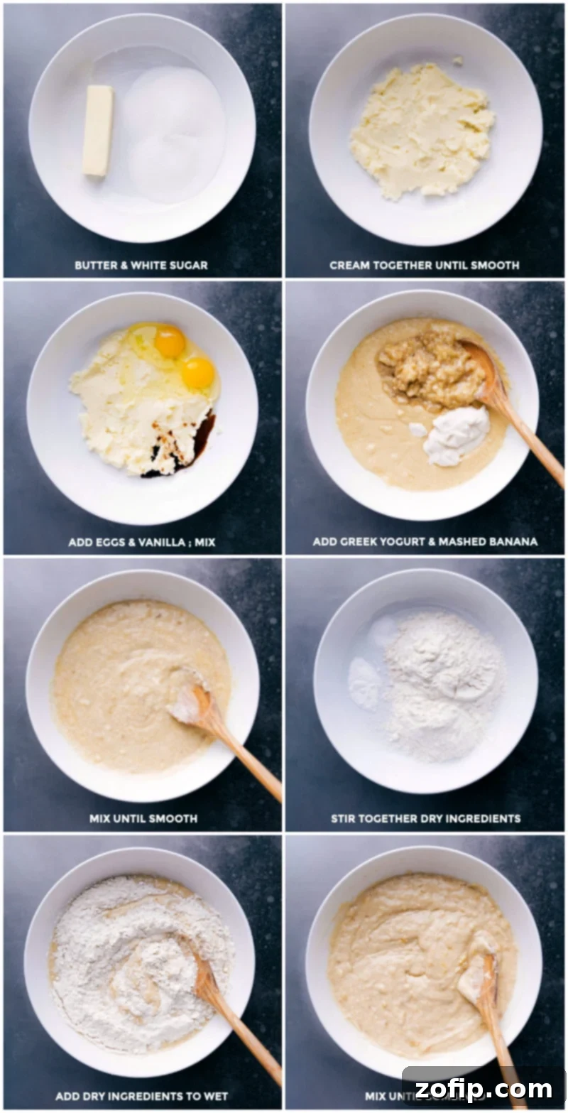 Wet and dry ingredients being mixed together until smooth for cinnamon banana bread.