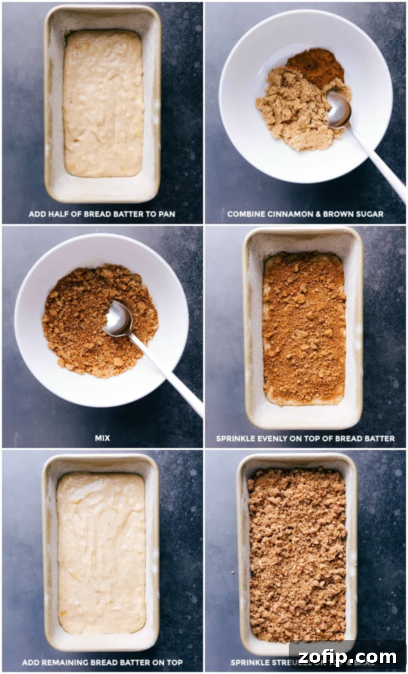 Batter being poured into a prepared pan with a cinnamon-sugar mixture added in the middle and streusel on top, ready to go into the oven.