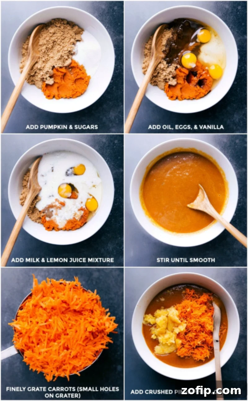 A bowl of wet ingredients for the Pumpkin Carrot Cake batter being vigorously stirred, showcasing the smooth, combined texture before dry ingredients are added.