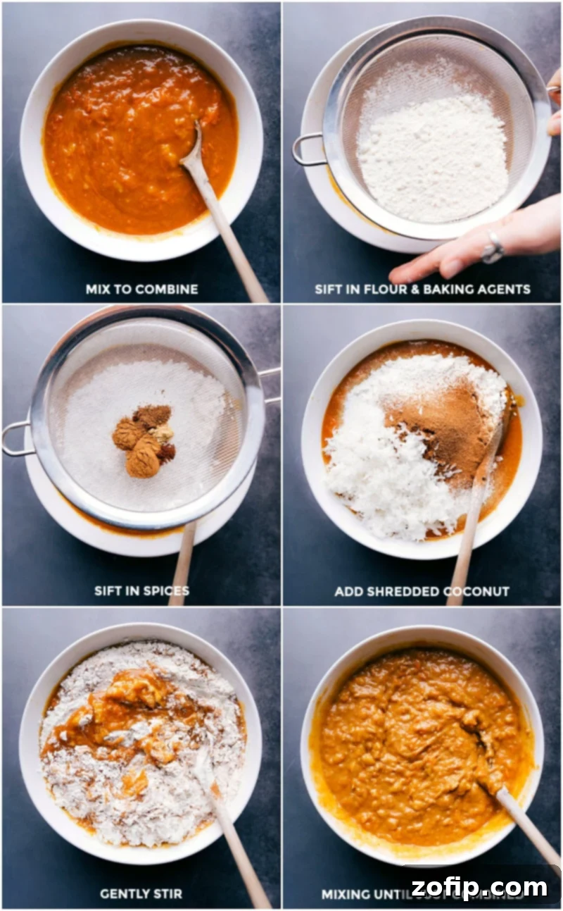 Dry ingredients like flour, spices, and baking soda being sifted directly over the wet ingredients in a mixing bowl, ensuring an even distribution before combining to form the cake batter.