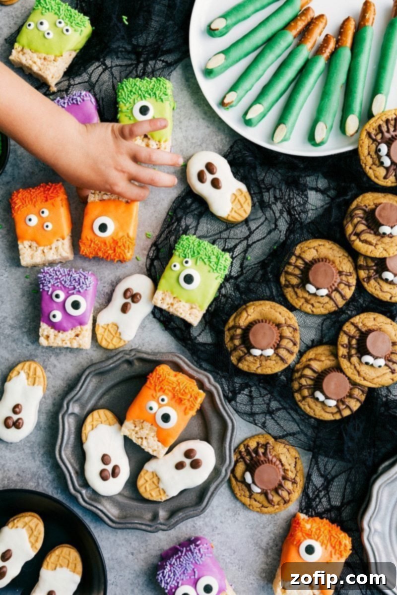 Four delightful 3-ingredient Halloween treats: Monster Rice Krispies Treats, Peanut Butter Spider Cookies, Nutter Butter Ghosts, and Witch Finger Pretzels. Perfect for easy Halloween fun!