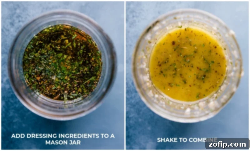 Process shots showing ingredients for the Italian-inspired dressing being made in a Mason jar and mixed together.