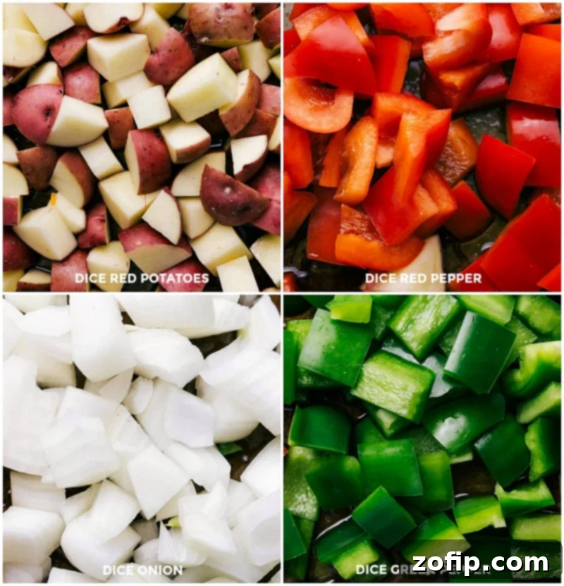 Sheet Pan Bacon Potato Roast 3 A serving of crispy oven-roasted breakfast potatoes with bacon and bell peppers, garnished with fresh parsley.