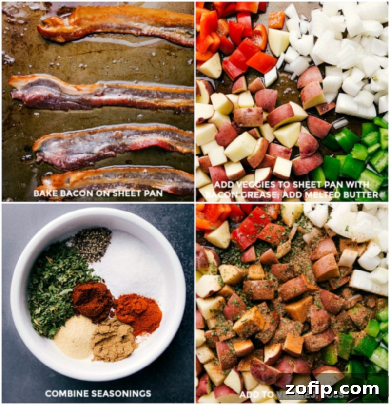 Sheet Pan Bacon Potato Roast 4 Overhead view of a sheet pan filled with golden brown roasted potatoes, crispy bacon, and colorful bell peppers ready to be served.