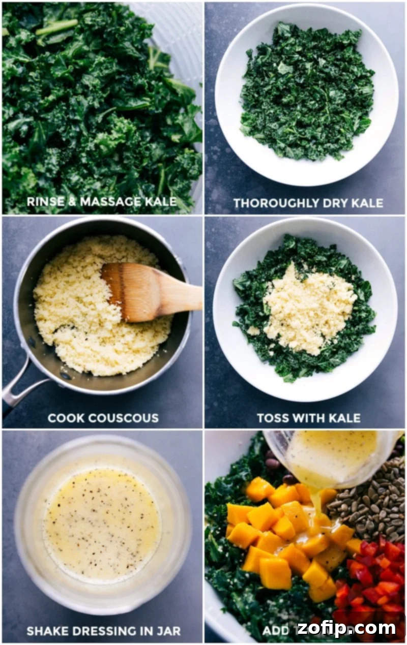 Making Kale and Couscous Salad: A Simple Guide A collage showing the preparation stages of the Kale Couscous Salad: washing and massaging kale, boiling couscous in a pot, chopping vibrant vegetables, whisking dressing in a jar, and finally, tossing the salad in a large bowl.