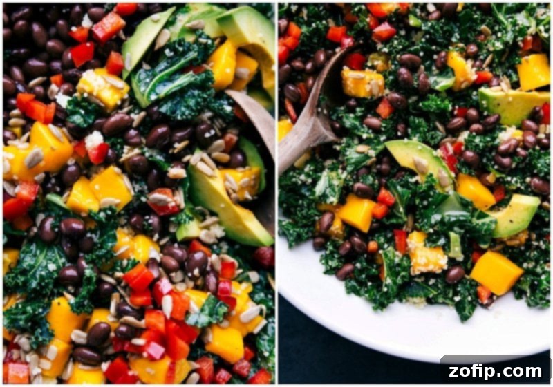 Detailed Closeup of Kale and Couscous Salad A vibrant, close-up shot of the finished Kale Couscous Salad in a serving bowl, showcasing its fresh ingredients and appealing colors and textures. Focus on the tender kale, fluffy couscous, and colorful additions.