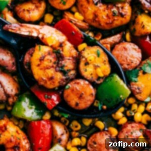 Finished Sheet Pan Shrimp and Sausage Recipe with herbs