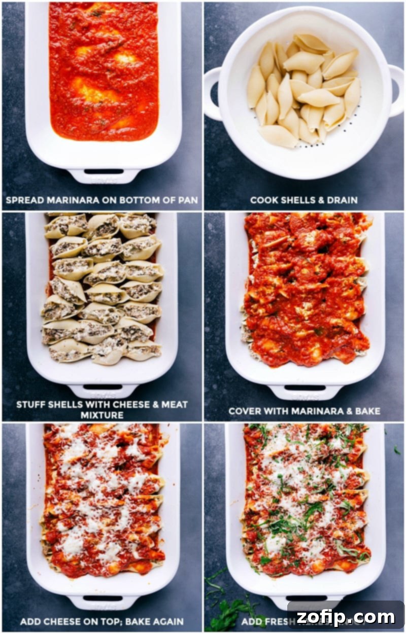 Key stages of preparing baked stuffed shells: spreading marinara in the pan, cooked pasta shells ready for filling, neatly filled shells arranged in the sauce, the dish covered with more sauce before baking, and finally, melted cheese with fresh herbs as a garnish.