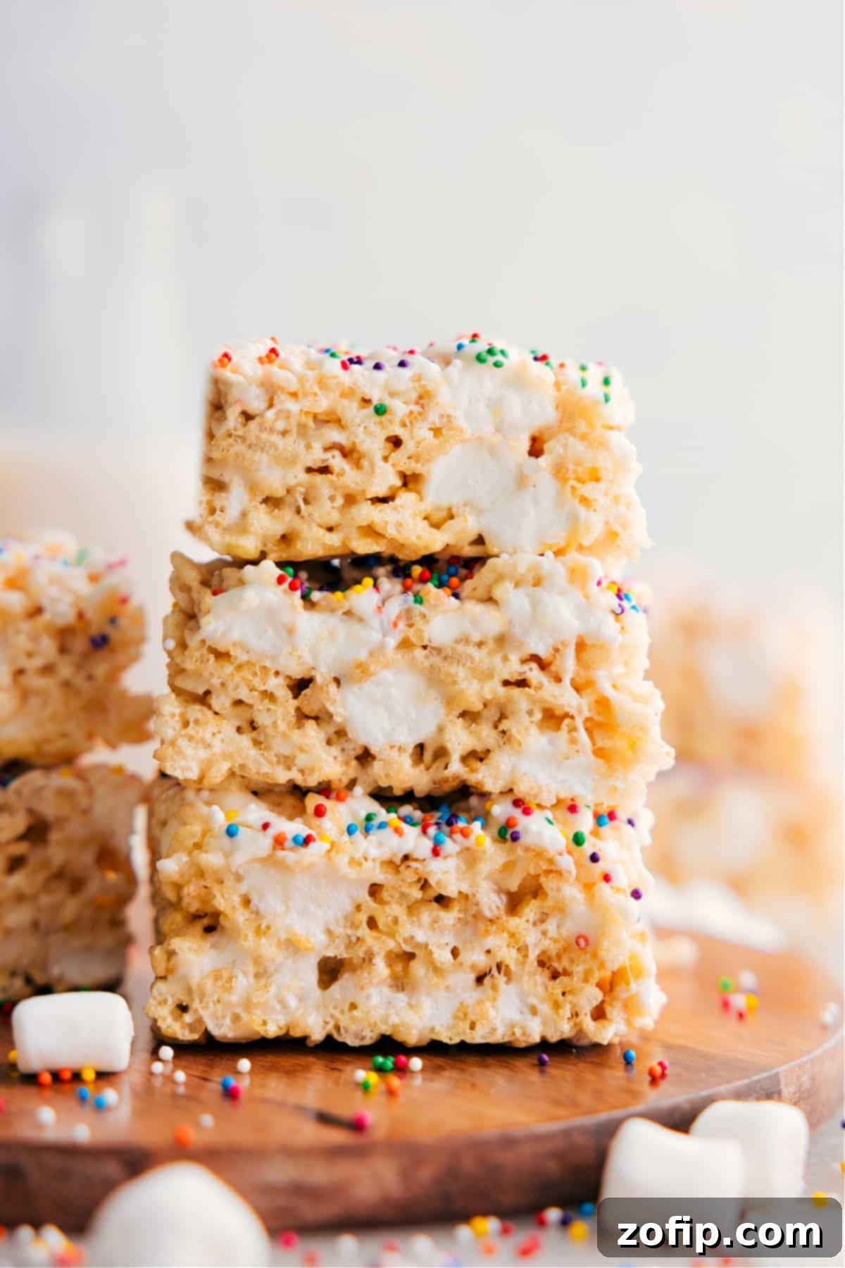 The Best Rice Krispie Treats Recipe: Thick and Chewy Stacked squares of thick, gooey Rice Krispie Treats showcasing their delicious, marshmallow-laden texture.