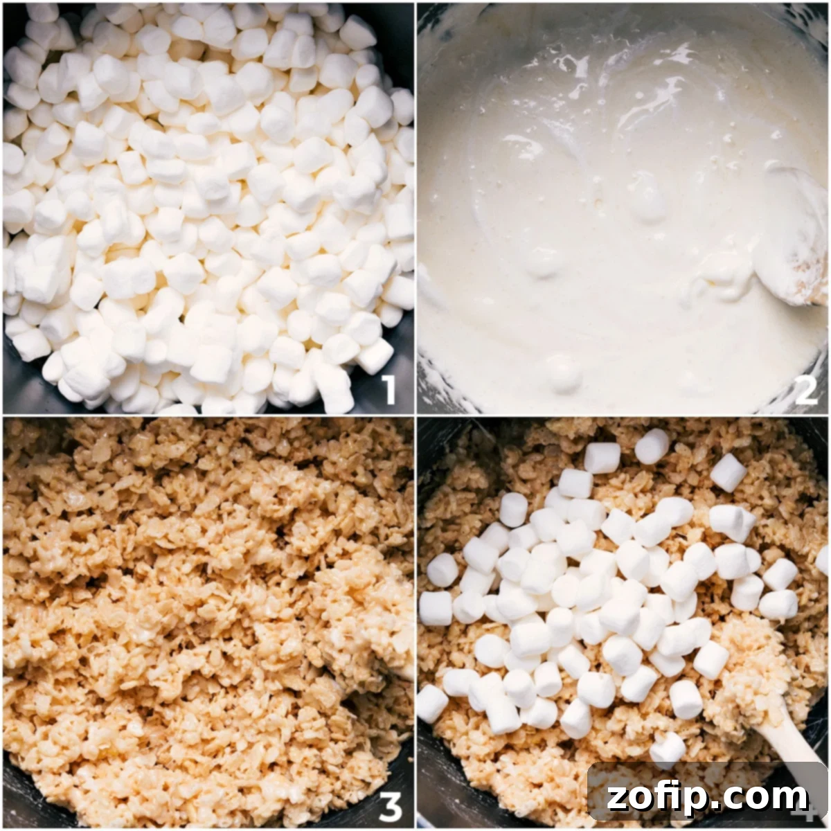How To Make The Best Rice Krispie Treats Melted marshmallows being combined with crispy rice cereal in a large pot, ready for mixing into the ultimate Rice Krispie Treats.