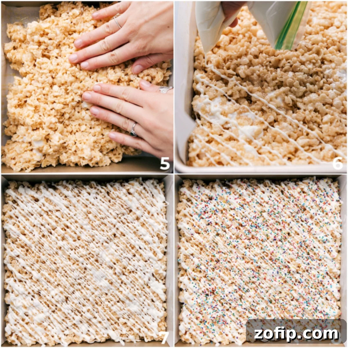 Drizzling Chocolate And Sprinkles On Top The Rice Krispie Treat mixture being spread into a 9x9-inch pan and beautifully topped with a white chocolate drizzle and colorful sprinkles.