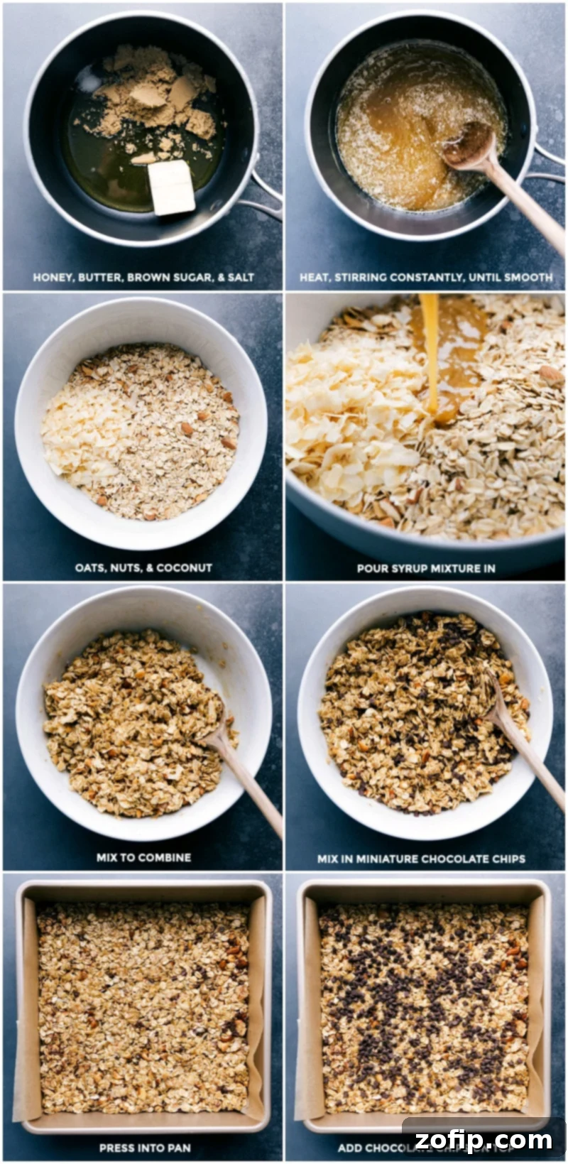Melting honey, butter, brown sugar, and salt; heating and stirring until smooth; combining oats, nuts, and coconut; pouring the syrup mixture in; combining and mixing in chocolate chips; pressing the mixture into a pan; and adding chocolate chips on top.