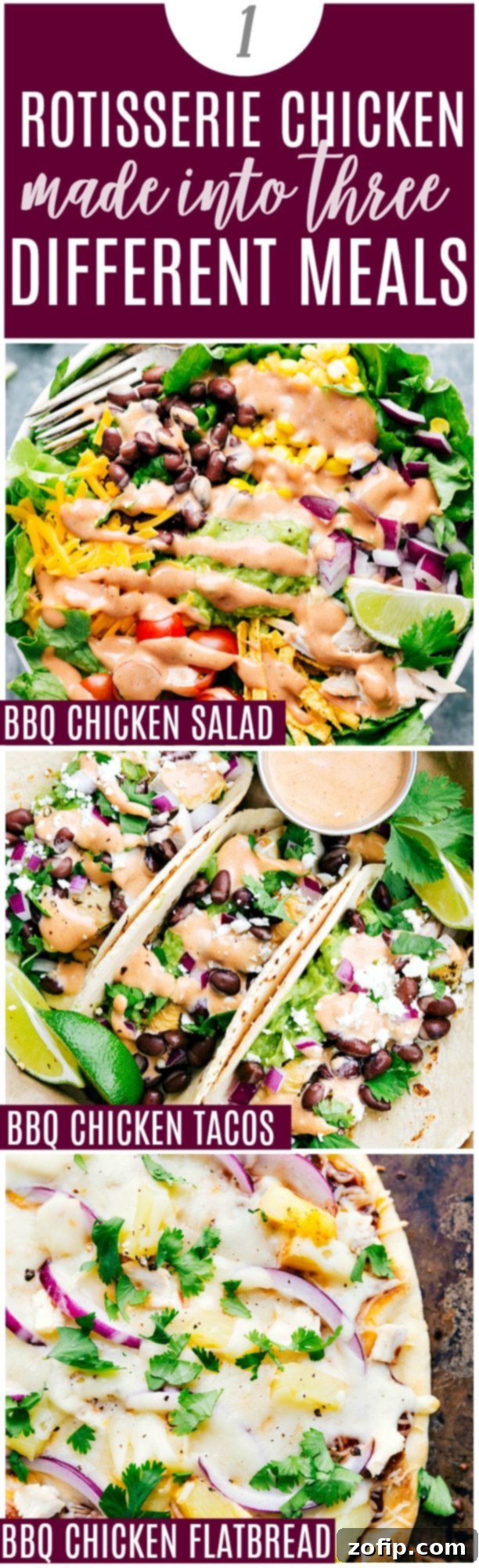 Delicious and easy weeknight meals using one rotisserie chicken: BBQ Chicken Salad, BBQ Chicken Tacos, and BBQ Chicken Flatbread from Chelsea's Messy Apron. Quick, family-friendly recipes!