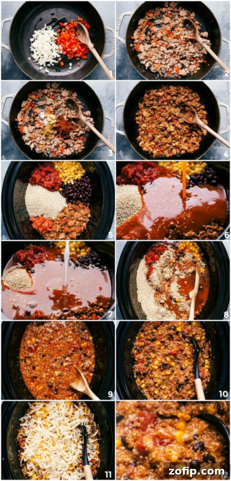 Combining and Cooking Onion, Bell Pepper, and Turkey in Slow Cooker A visual guide to preparing Quinoa Enchilada Crockpot: The first shot shows fresh diced onions and bell peppers, followed by ground turkey cooking in a skillet. The final image displays all ingredients combined and mixed in the slow cooker, ready for the cooking process to begin.