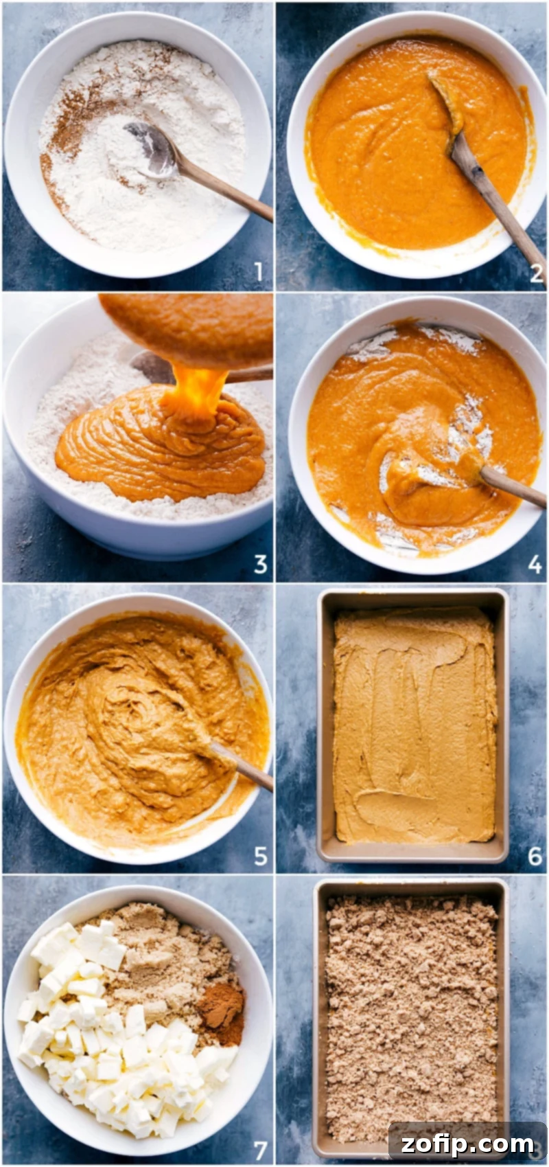 Prepping and mixing the dry and wet ingredients; pouring the mixture in the prepared baking pan; the crumble topping being made and sprinkled over the batter.