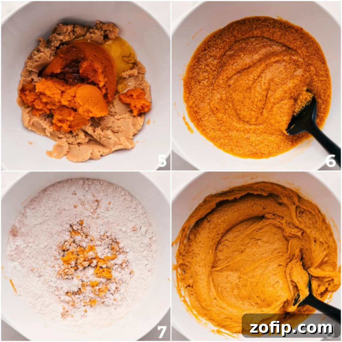 Mixing wet and dry ingredients to create the pumpkin cookie dough, showcasing its rich, spiced color.