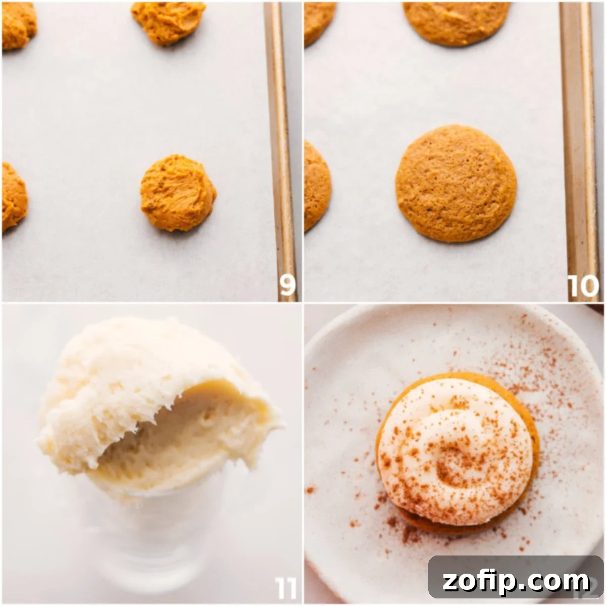 Pumpkin cookie dough rolled into balls, baked cookies, and finished cookies with piped cream cheese frosting and pumpkin pie spice.