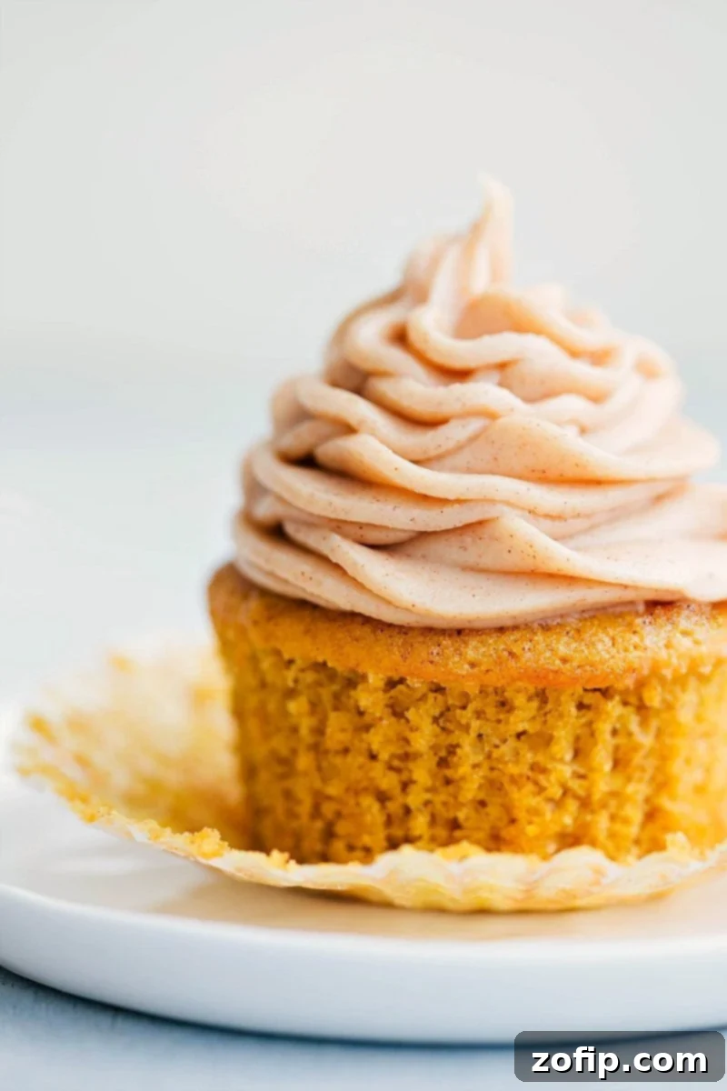 Delicious pumpkin cupcake with a generous swirl of cinnamon cream cheese frosting, ready to be enjoyed.