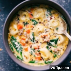 Hearty Italian Sausage Tortellini Soup 7 Sausage Tortellini Soup in a bowl with a spoon in it, garnished.