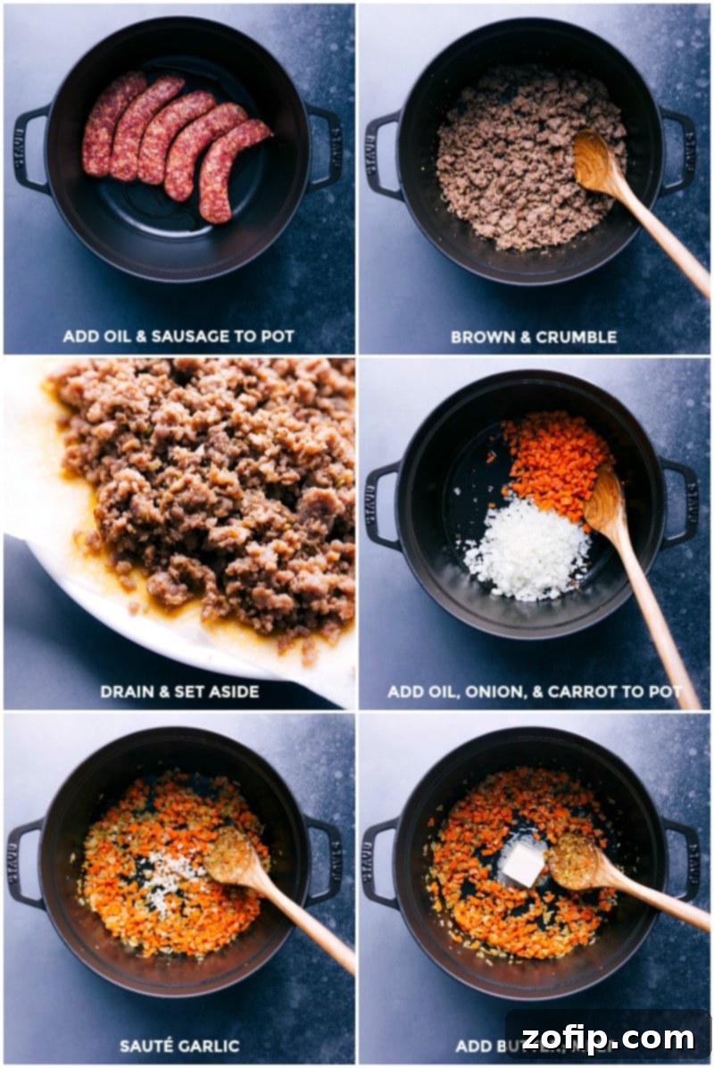 Hearty Italian Sausage Tortellini Soup 4 Sausage being browned and crumbled, and the veggies being sautéed in the pot for Italian Sausage Tortellini Soup.