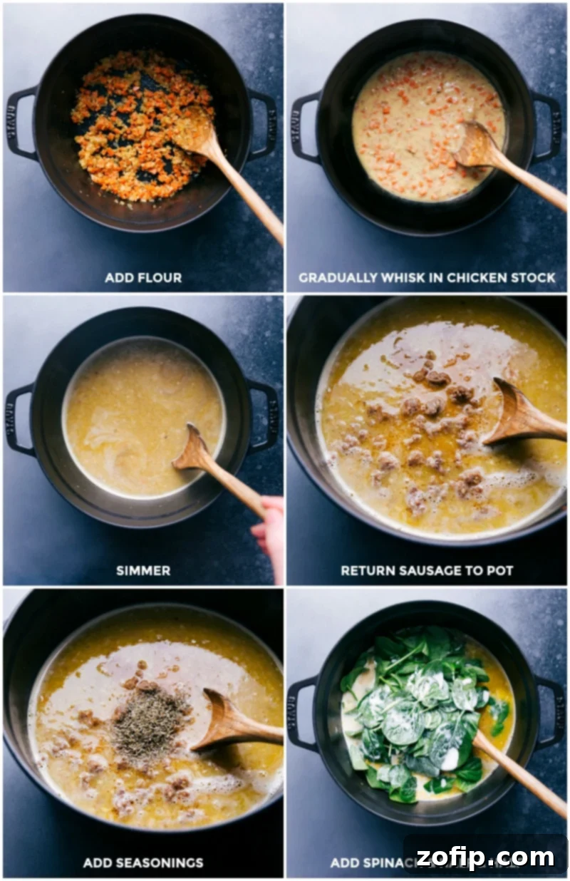 Hearty Italian Sausage Tortellini Soup 5 Flour, chicken stock, seasonings, spinach, and half and half being added to the pot for Sausage Tortellini Soup.