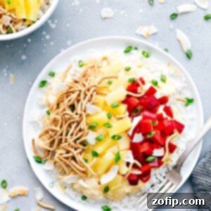 Creamy Chicken Hawaiian Haystacks, a customizable dinner with rotisserie chicken