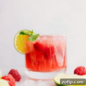 Berry-Lime Sparkle 2 Sparkling Raspberry Limeade served in a glass with garnishes.