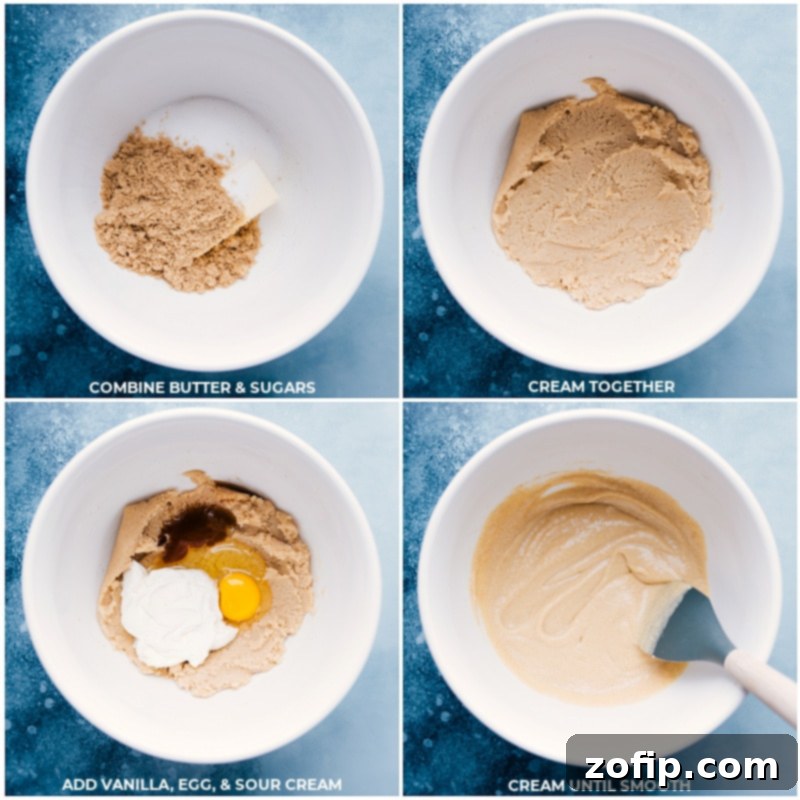 Creaming Wet Ingredients for Soft Chocolate Caramel Cookies Process shots showing butter, granulated sugar, brown sugar, egg, and sour cream being creamed together for the cookie dough