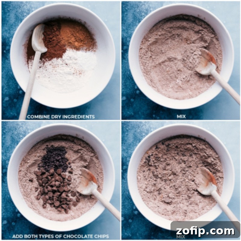 Combining Dry Ingredients for Decadent Chocolate Caramel Cookies Process shots showing dry ingredients like flour, cocoa powders, baking soda, and salt being mixed in a bowl