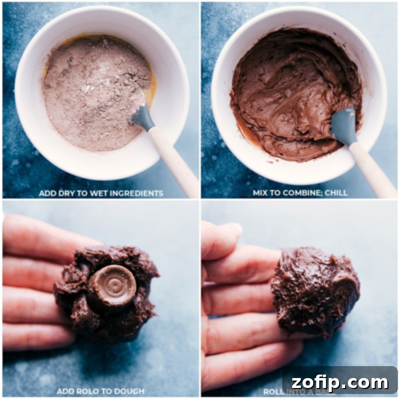 Preparing Dough and Stuffing Rolo Candies for Chocolate Caramel Cookies Process shots showing wet and dry ingredients combined into a thick dough, then dough balls being formed around Rolo candies