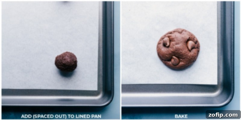 Before and After Baking the Ultimate Chocolate Caramel Cookies Process shots showing unbaked cookie dough balls on a baking sheet and then beautifully baked chocolate caramel cookies