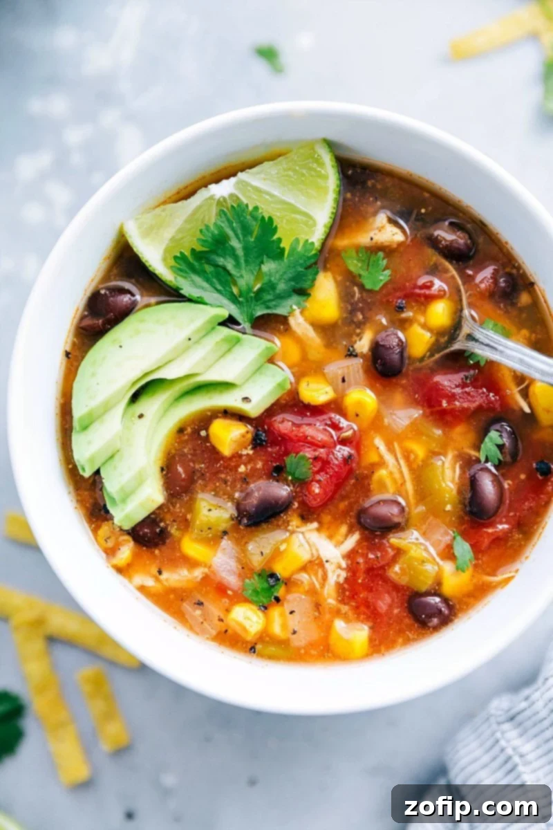 Overhead shot of a steaming bowl of Instant Pot Chicken Tortilla Soup, generously garnished with crispy tortilla strips, melted cheese, and a dollop of creamy sour cream, ready to be enjoyed.