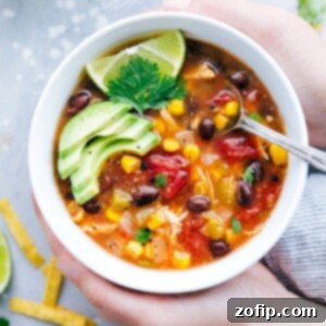 A vibrant bowl of Instant Pot Chicken Tortilla Soup, generously topped with shredded cheese, sour cream, and tortilla strips.
