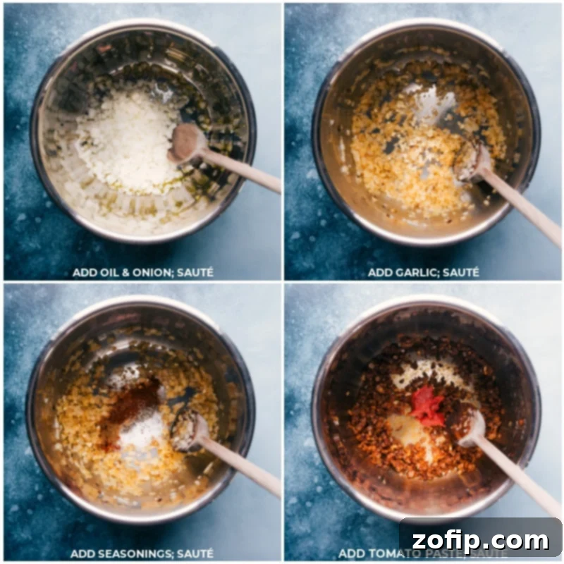 Process shots demonstrating the initial steps of making Instant Pot Chicken Tortilla Soup, including sautéing olive oil, diced onion, minced garlic, a blend of aromatic spices, and rich tomato paste directly in the Instant Pot's inner pot, creating a robust flavor foundation.