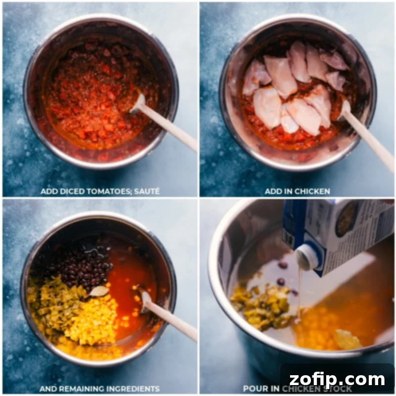 Process shots illustrating the final assembly stage of Instant Pot Chicken Tortilla Soup, showing diced tomatoes, raw chicken, rich chicken stock, and remaining ingredients being carefully layered into the Instant Pot before pressure cooking commences.