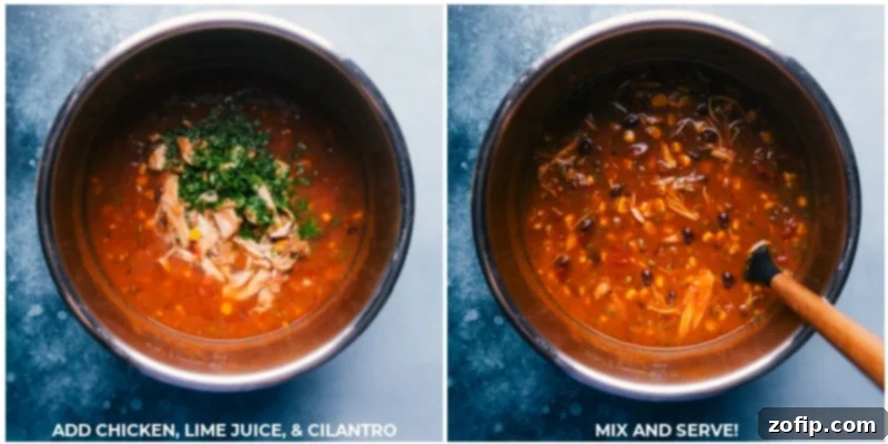 Process shots demonstrating the final steps of preparing Instant Pot Chicken Tortilla Soup, showing the shredded chicken, fresh lime juice, and chopped cilantro being stirred directly into the Instant Pot, preparing the soup for serving.