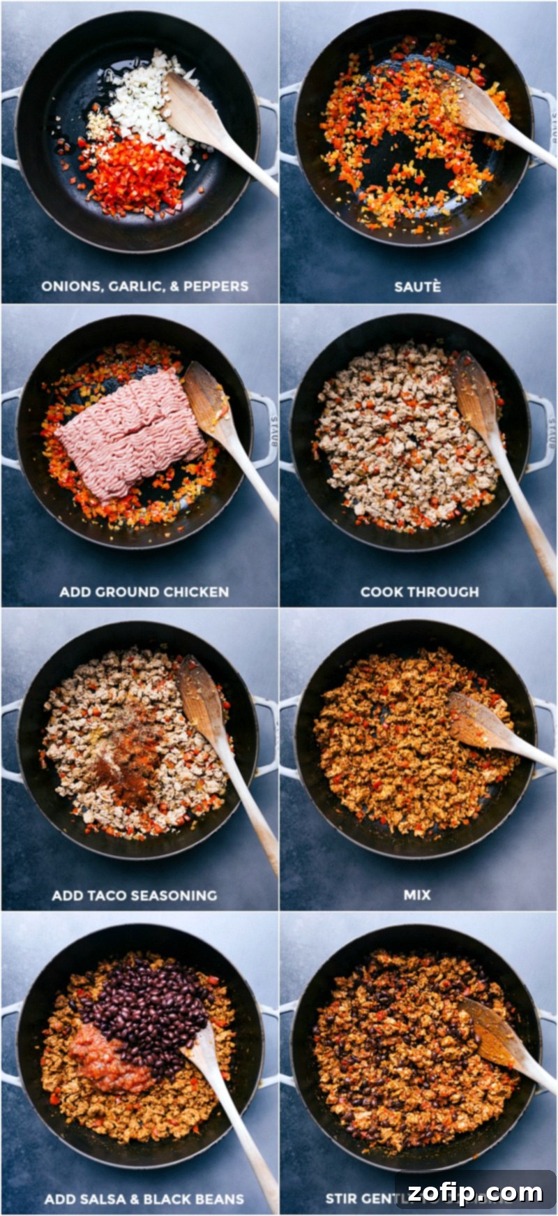 Close-up view of sautéing diced bell peppers and onions in a large pan before adding ground turkey for the taco salad mixture.